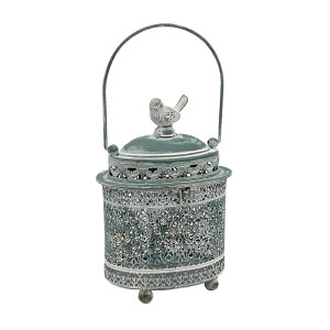 Oval Metal Vintage Garden Silver Lantern with Bird by Minster, H38 cm