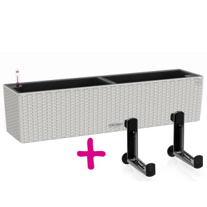 Set of Light Grey LECHUZA BALCONERA Cottage 80 Poly Resin Window Box Self Watering Planter L80 W19 H19 cm, 12 litres Cap + Black Balcony Brackets
