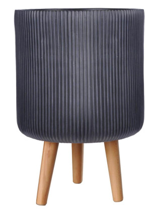 Ribbed Black Cylinder Planter on Legs, Round Pot Plant Stand Indoor by Idealist Lite D30.5 H46 cm, 18.5L