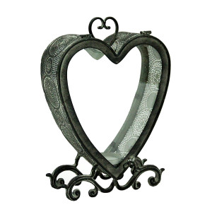 Heart Metal Vintage Pattern Garden Dark Silver Lantern by Minster, H35 cm