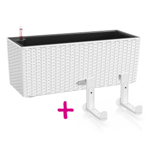 Set of White LECHUZA BALCONERA Cottage 50 Poly Resin Window Box Self Watering Planter L50 W19 H19 cm, 8 litres Cap + White Balcony Brackets