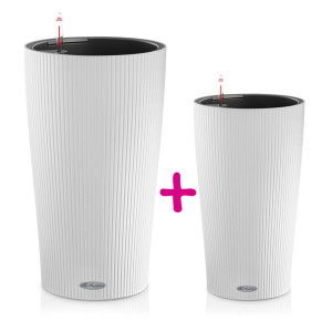 Set of two White LECHUZA CILINDRO Color Floor Poly Resin Self Watering Planters with Substrate: D23 H41 cm, 5.5 litres Cap + D32 H56 cm, 13 litres Cap