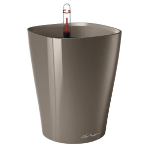 LECHUZA MINI DELTINI Table Taupe High Gloss Poly Resin Table Self-watering Planter with Substrate and Water Level Indicator D10 H13 cm, 1L