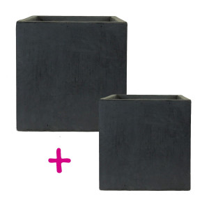Set of two IDEALIST Lite Square Box Faux Lead Dark Grey Light Concrete Planters: L40 W40 H40 cm, 65 litres Cap + L50 W50 H50 cm, 126 litres Cap