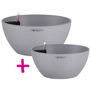 Set of two Stone Grey LECHUZA CUBETO Stone Poly Resin Self Watering Planters with Substrate: D30 H13 cm, 4.5 litres Cap + D40 H18 cm, 11.5 litres Cap