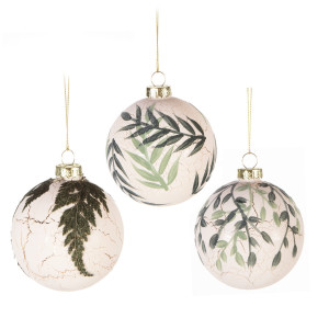 Christmas Tree Decor Baubles Glass Foilage Balls with Green Leaf Pattern, Set of 3, Cream, D8 cm by Premier Decorations