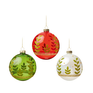 Christmas Tree Decor Baubles Balls with Leaf Stem Pattern, Set of 3, in Red, White, Green Colours, D8 cm by Premier Decorations