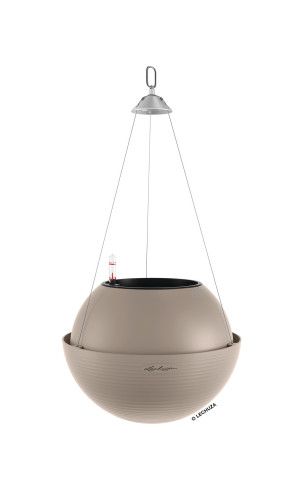 LECHUZA BOLA Color 32 Sand Brown Self-watering Hanging Planter Poly Resin Plant Pot with Substrate and Water Level Indicator D32 H25 cm, 3.L