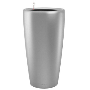 LECHUZA RONDO 32 Silver Poly Resin Floor Self-watering Planter with Substrate and Water Level Indicator D32 H56 cm, 45L