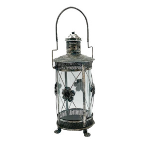 Cylinder Metal Flower Pattern Garden Dark Silver Lantern by Minster, H57 cm