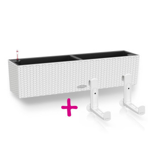 Set of White LECHUZA BALCONERA Cottage 80 Poly Resin Window Box Self Watering Planter L80 W19 H19 cm, 12 litres Cap + White Balcony Brackets