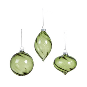 Christmas Tree Decor Baubles Luxury Spiral Glass Ornaments, Set of 3, Green, D8 H12 cm by Premier Decorations