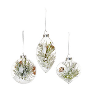Christmas Tree Decor Baubles Snow Pine Ornaments, Set of 3, Clear, D8 cm H11 cm by Premier Decorations