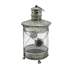 Round Metal Flower Pattern Garden Dark Silver Lantern by Minster, H34 cm