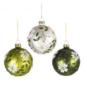 Christmas Tree Decor Baubles Glass Balls Painted Flower Pattern, Set of 3, in White, Green Colours, D8 cm by Premier Decorations