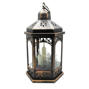 Hexagonal Christmas Lantern Lights with Triple Flickabrights Candles, Bronze, H33 cm by Premier Decorations