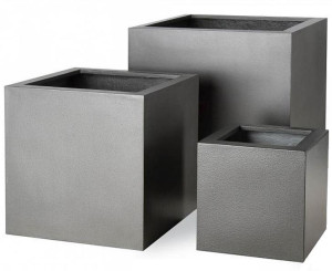 Geo Cube Aluminium Grey Textured Fibreglass Lightweight Square Small Planter Pot Outdoor H38 L38 W38 cm, 55L