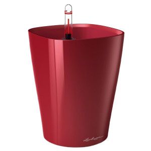 LECHUZA MINI DELTINI Table Scarlet Red High Gloss Poly Resin Table Self-watering Planter with Substrate and Water Level Indicator D10 H13 cm, 1L