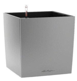 LECHUZA CUBE 40 Silver Poly Resin Floor Self-watering Planter with Substrate and Water Level Indicator H40 L40 W40 cm, 64L