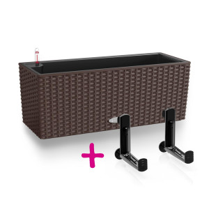 Set of Mocha LECHUZA BALCONERA Cottage 50 Poly Resin Window Box Self Watering Planter L50 W19 H19 cm, 8 litres Cap + Black Balcony Brackets