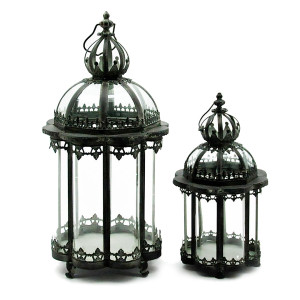 Set of 2 Metal Ornament Garden Dark Silver Lanterns by Minster, H62/42 cm