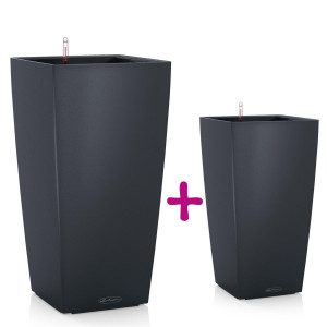Set of two LECHUZA CUBICO Color Slate Self Watering Planters Indoor/Outdoor Flower Pots: L30 W30 H56 cm, 14 litres Cap + L40 W40 H75 cm, 31 litres Cap