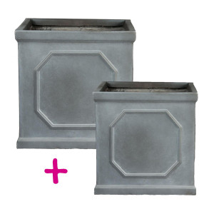 Set of two IDEALIST Lite Faux Lead Chelsea Box Square Grey Light Stone Planters: L22 W22 H22 cm, 11 litres Cap + L37 W37 H38 cm, 52 litres Cap