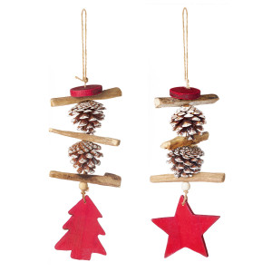 Christmas Tree Decor Home Rustic Pine Cone Hanger with Star Tree, Set of 2, Red H39 cm by Premier Decorations