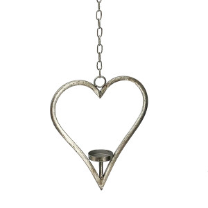 Thin Hanging Heart Metal Garden Silver Lantern by Minster, H34 cm