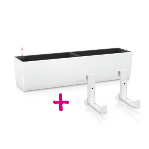 Set of White LECHUZA BALCONERA Color 80 Poly Resin Window Box Self Watering Planter L80 W19 H19 cm, 12 litres Cap + White Balcony Brackets