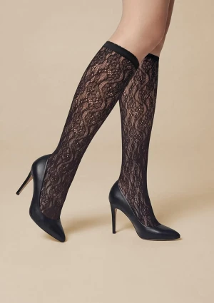 Marilyn podkolanówki damskie F09 z ażurowej siateczki czarne BLACK ONE SIZE