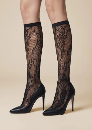 Marilyn podkolanówki Charly G001 z ażurowym wzorem roślinnym czarne BLACK ONE SIZE
