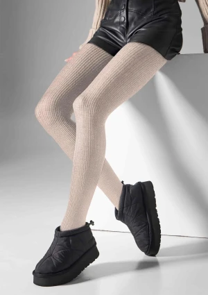 Rajstopy z wełny merino naturalny prążek beż melanż L2010 Wool Merino Legs 2-S