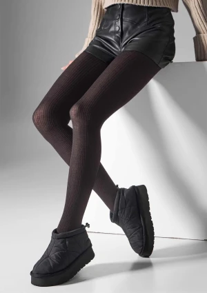 Rajstopy z wełny merino brązowe naturalny prążek L2010 Wool Merino Legs 3-M