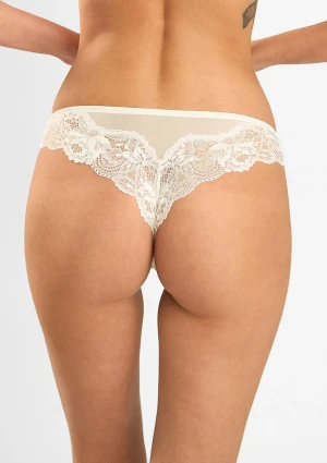 Majtki damskie brazyliany z eleganckiej kremowej koronki Saten 180 Lormar M