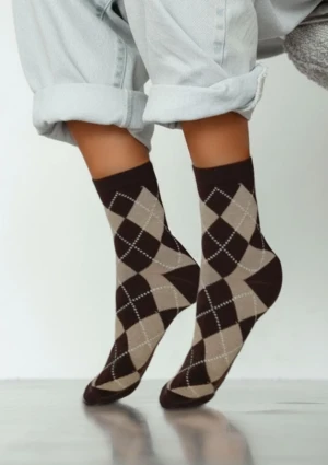 Skarpetki dziecięce bawełniane brązowe w romby vintage Milena 32/34
