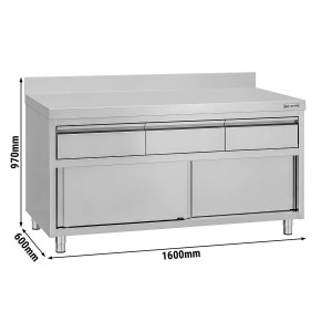 GGM Gastro Edelstahl Arbeitsschrank ECO - 1600x600mm - mit Aufkantung - mit 3 Schubladen & Schiebetür