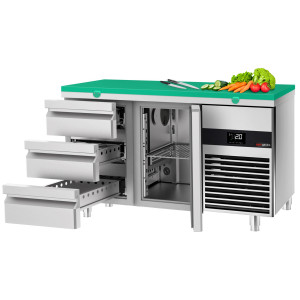 GGM Gastro Kühltisch PREMIUM - 1400x700mm - mit 1 Tür - 3 Schubladen - inkl. Schneideplatte Grün