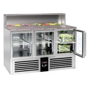 GGM Gastro Saladette PREMIUM - 1370mm - 3 Glastüren - für 7x Behälter GN 1/6 - Edelstahlaufsatz