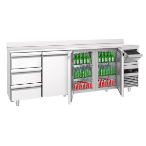 GGM Gastro Bar- & Getränkekühltisch PREMIUM - 2690x600mm - mit 3 Türen, 3 Schubladen, Aufkantung & Ausklopfer für Kaffee Zilver