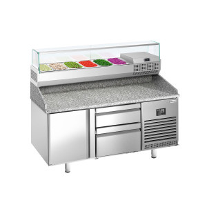 GGM Gastro Pizzakühltisch Premium PLUS - 1490x700mm - mit 1 Tür & 2 Schubladen - inkl. Kühlaufsatzvitrine - 6x GN 1/4