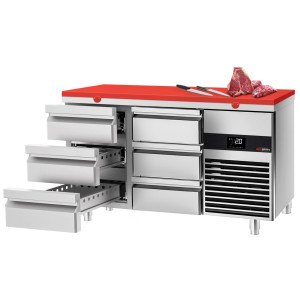 GGM Gastro Kühltisch PREMIUM - 1400x700mm - mit 6 Schubladen - inkl. Schneideplatte Rot