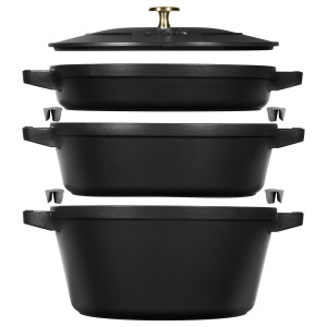 STAUB STACKABLE SET - Kookpannenset - 3 stuks - Ø 240mm - Gietijzer - Zwart