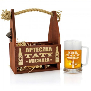Personalizowana skrzynka na piwo z otwieraczem i kuflem - Apteczka Taty