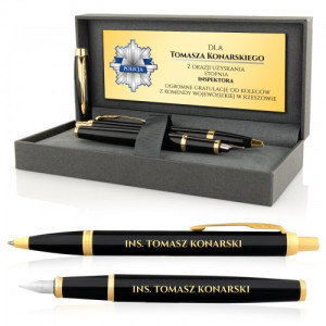 Zestaw Parker z grawerem dla policjanta na awans – pióro i długopis w eleganckim etui