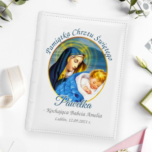 Album na zdjęcia na chrzest dla chłopca z nadrukiem Panna z Dzieciątkiem