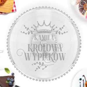 Patera na ciasto z grawerem dla Królowej Wypieków – szklana patera personalizowana 32 cm