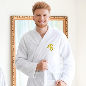 Szlafrok męski bawełniany XL z haftowanym monogramem – biały, frotte 100% bawełna