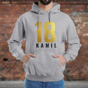 Bluza z kapturem na 18 urodziny XL – szara bluza z personalizowanym nadrukiem Dorosłość