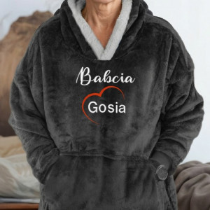 Kocobluza damska dla babci z kapturem i haftem czarna - Ogrzewacz